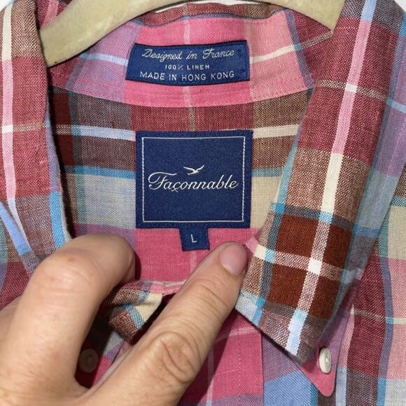 Faconnable Men’s Large Linen Pink Plaid Button Down Shirt in Preloved Condition - Picture 6 of 11